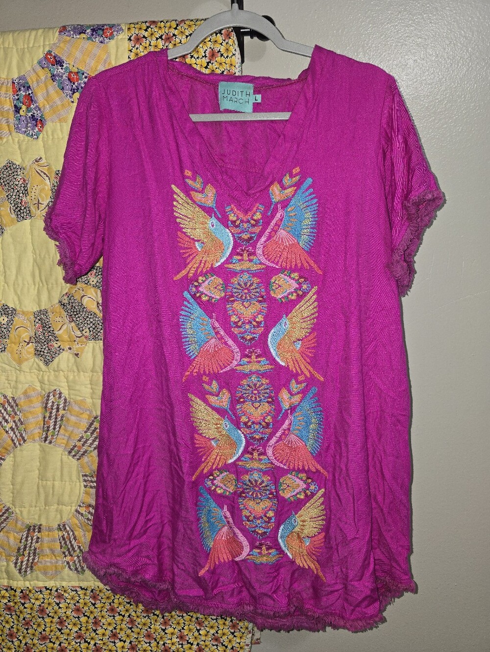 Judith March Hot Pink Embroidered Bird V-Neck Tunic